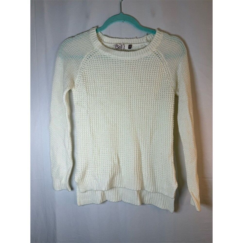 SO Juniors Sweater XS Ivory Waffle Knit Raglan Pullover Crewneck Long sleeve - Picture 3 of 11